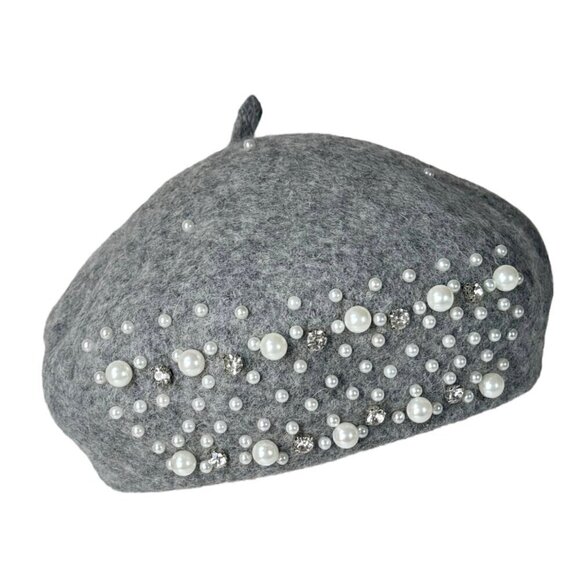 NEW Beret Hat Gray Wool Felt Beaded Embellished Rhinestones Pearls Coquette 90s - Picture 1 of 12